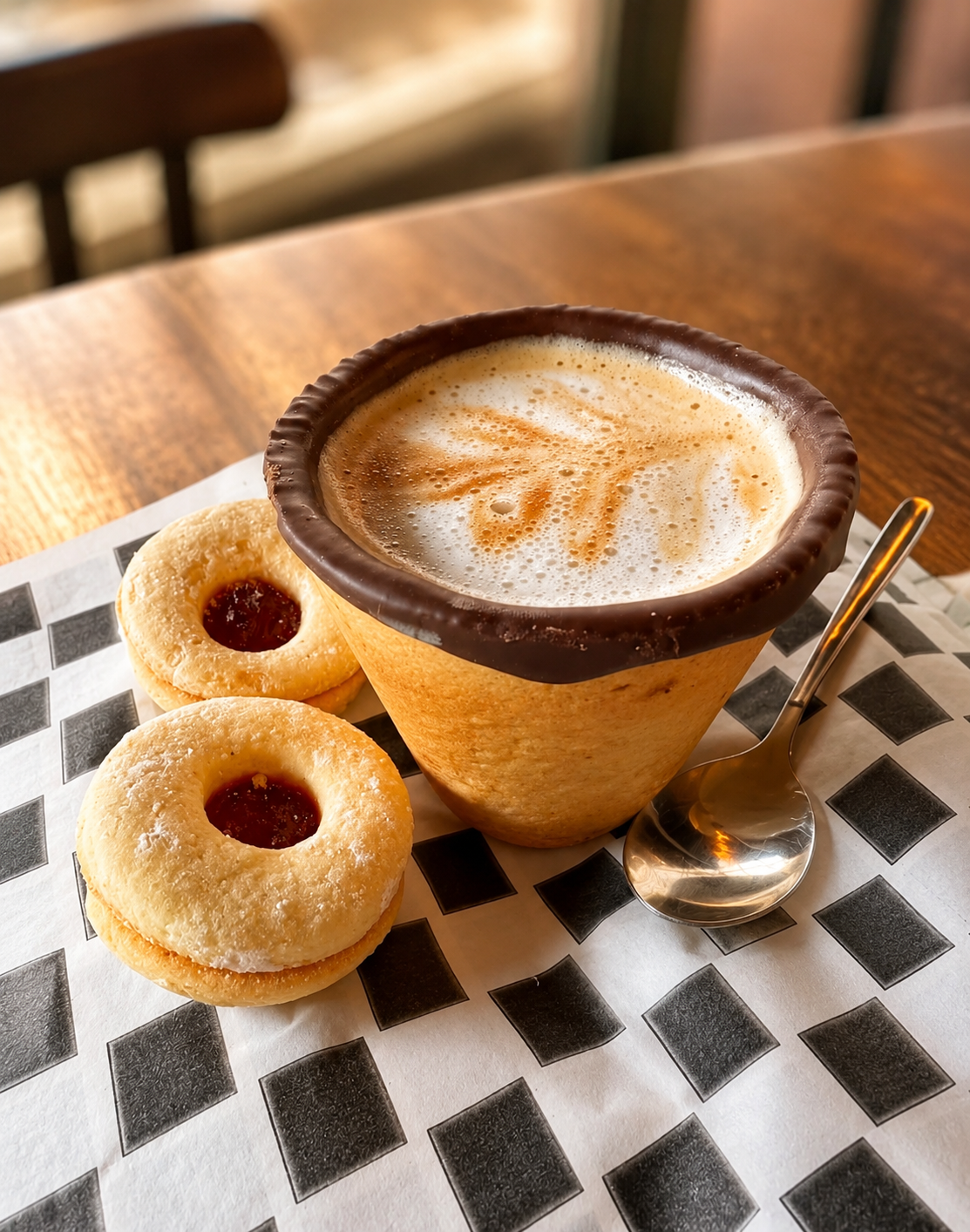 Vaso de café comestible de Woody Coffee servido con pastelería
